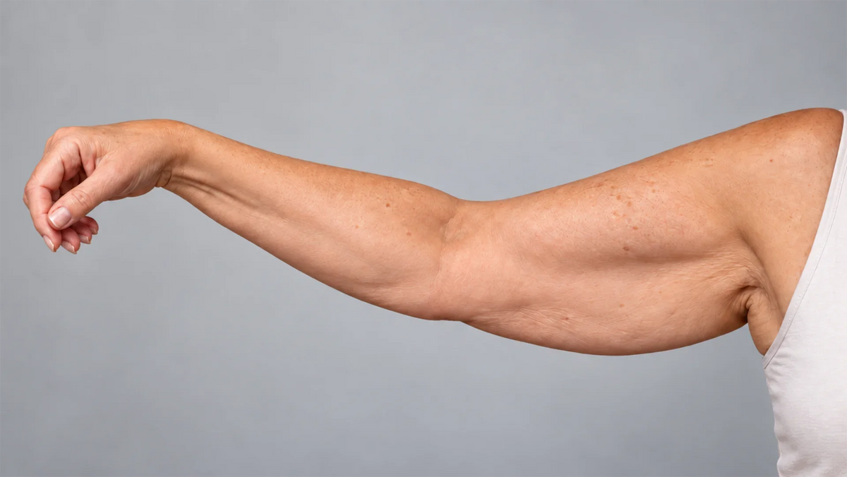 Close-up of a woman’s extended arm against a soft grey background.